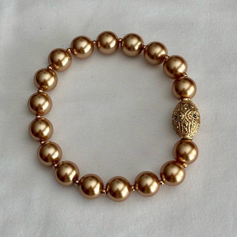 Champagne Faux Pearl Jewelry Set Necklace Bracelet Earrings - Picture 5 of 8